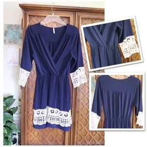 SAGE THE LABEL Surplice Crochet Lace Trim Boho Dress - Navy